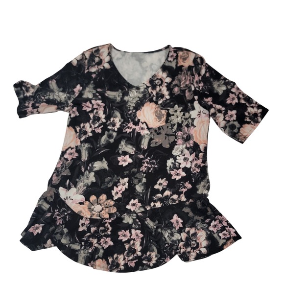Modest Lu Tops - Womens Black Floral V-Neck Tunic Top Pink Rose Ruffle Peplum Short Sleeve Blouse